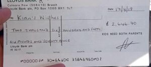 Cheque for Kian